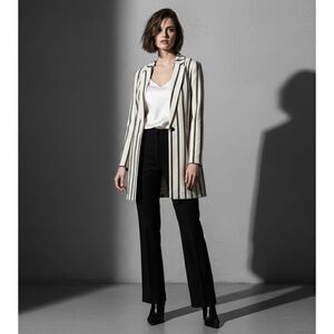 NU Denmark Women's Beige Black Striped Long Blazer Jacket Sz Medium